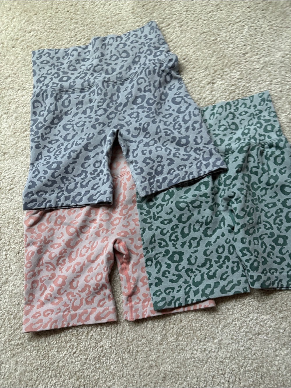 Leopard Print High-Waist seamless Bike Shorts Trio - Gray, Pink, Green
